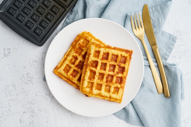 Chaffle, ketogenic diet health food. Homemade keto waffles with egg, mozzarella cheese