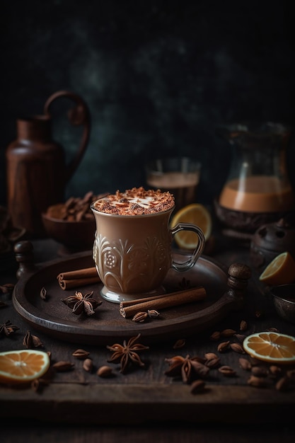 Chai tea latte in a tall glass vintage mug