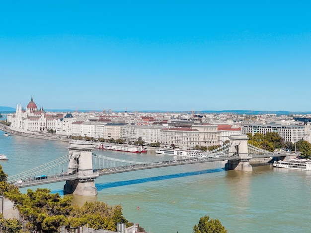 Chain bridge and parliament are the landmarks of the hungarian capital.