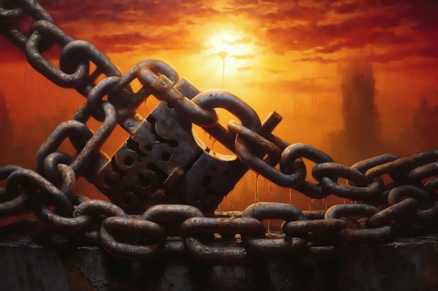 Chain in front of a rising sun represent of freedom and hope