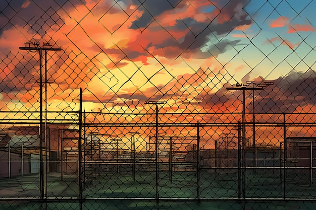 Chain link fence and sunset sky background