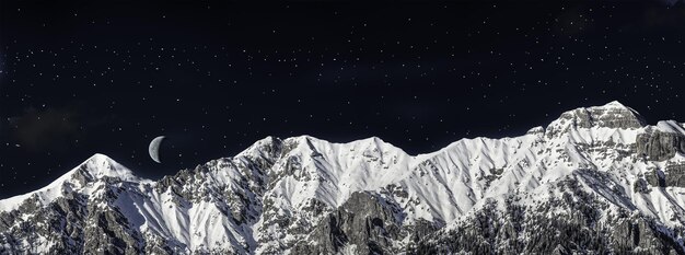 Chain of mountains in winter in the night