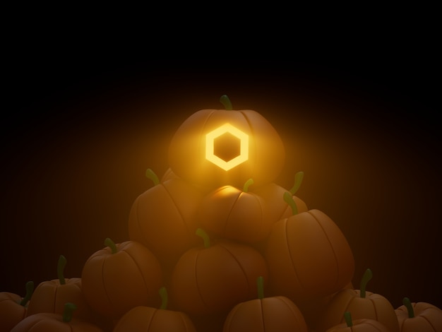 Chainlink Carved Pumpkin Stack Pile Crypto Currency 3D Illustration Render Dark Lighting