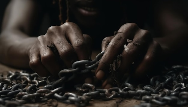 Photo chains and shackles breaking and falling off the hands of man that has been struggling with addiction freedom and effort motivation revolution concept