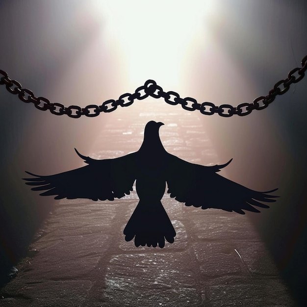 Photo chains undone pigeon shadow escapes symbolizing freedom in the morning light for social media post