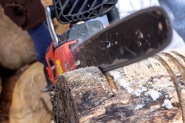 写真 チェーンソー刃の伐採ログ冬用薪の準備自然な生活スタイル