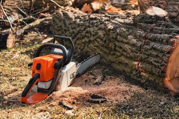 Photo chainsaw lies on sawdust near a tree firewood