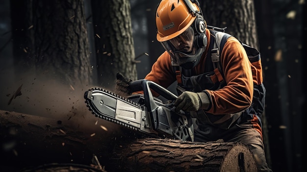 Photo a chainsaw operator is preparing to cut a tree trunk holding a big orange chainsaw protective equipment is used such as helmet pants and a vest copy space for text