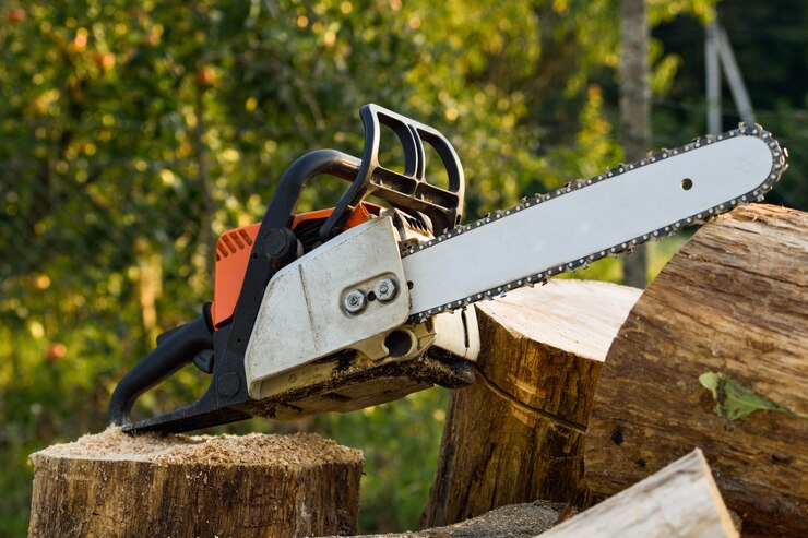 Photo  chainsaw that stands on a heap of firewood in the yard on green grass 
