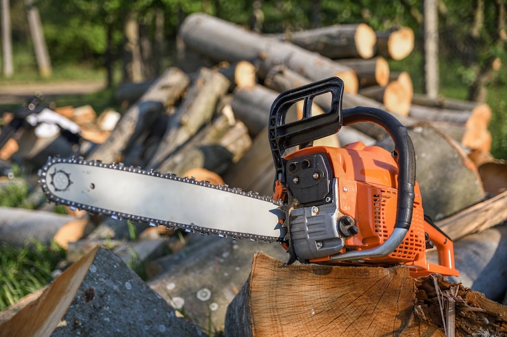 Photo chainsaw that stands on a heap of firewood in the yard