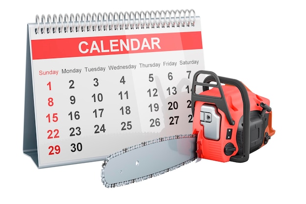 Chainsaw with desk calendar 3D rendering