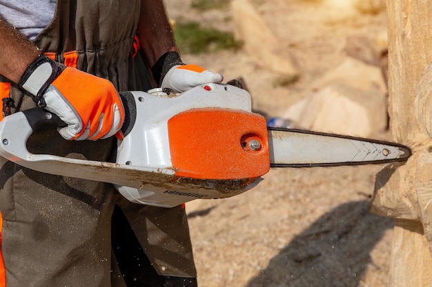 Chainsaw work on wood Wood carving sculptures Sawing firewood