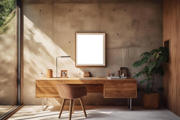 写真 椅子と木製のサイドテーブルと空の空白のモックアップフレームホームインテリア