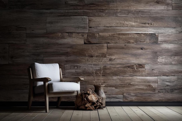 a chair and a bag on the floor in a room with a wood wall behind it.