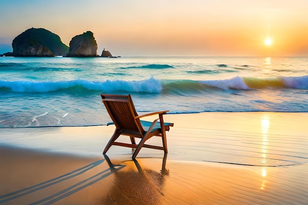 A chair on the beach is in the sand.