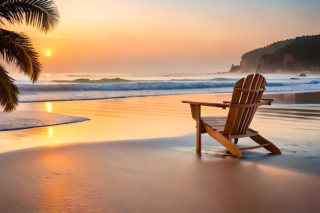 A chair on the beach at sunset