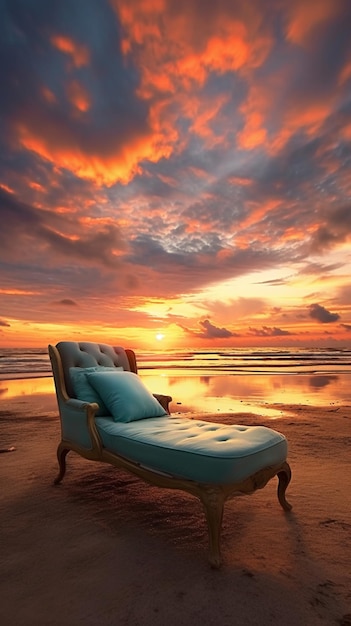 A chair on the beach at sunset