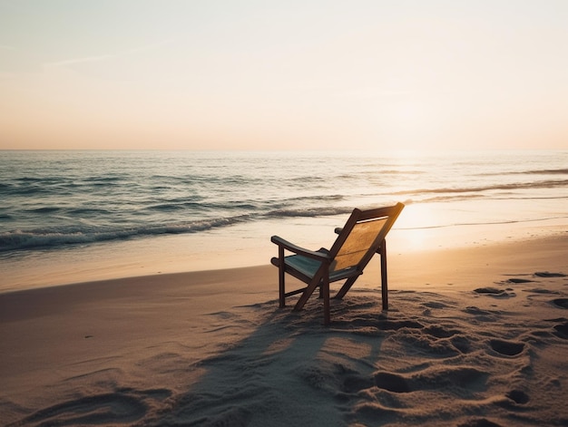 A chair on the beach at sunset