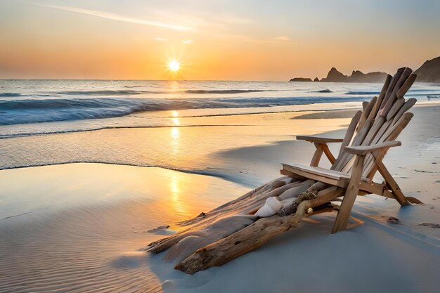 A chair on the beach with the sun setting behind it