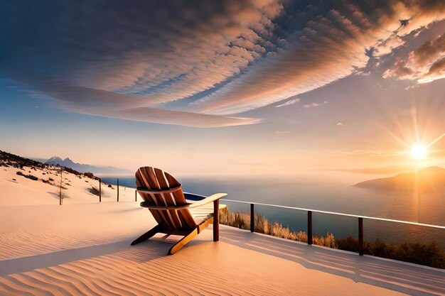 A chair on a beach with a sunset in the background