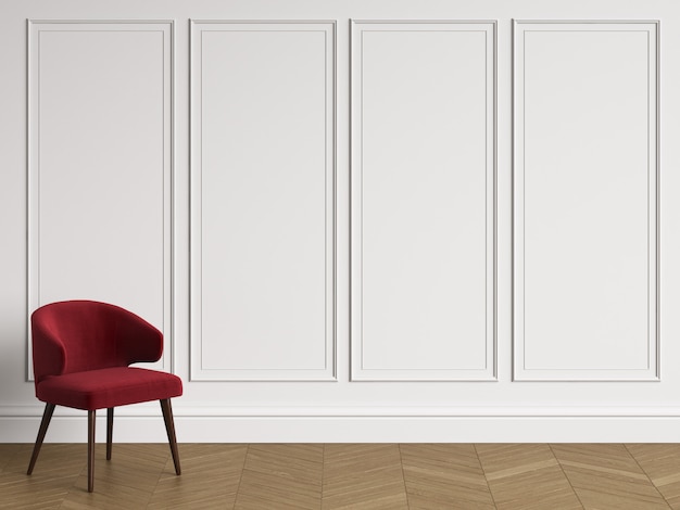 Chair in classic interior with copy space. White walls with mouldings. Floor parquet herringbone.  3d rendering