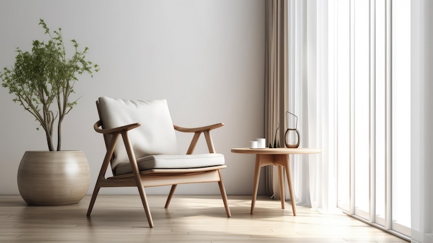 A chair and a coffee table in a living room with a plant on the table.