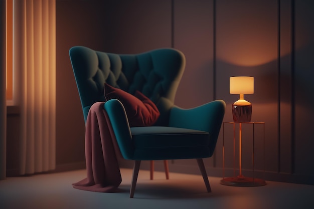 A chair in a dark room with a lamp on the side that says'the word'on it '