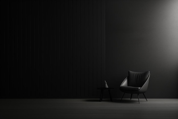 a chair in a dark room with a light on the wall behind it.