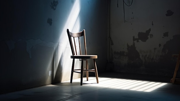 A chair in a dark room with the sun shining on the wall.