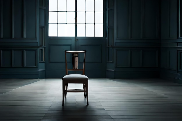 A chair in a dark room with a window that says " the word " on it.