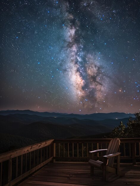 a chair on a deck overlooking the mountains