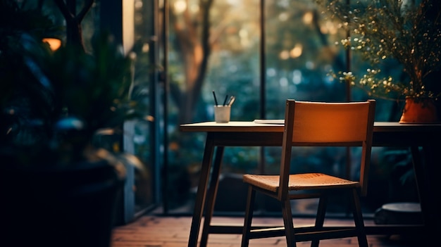 植物のある庭の景色の椅子と机