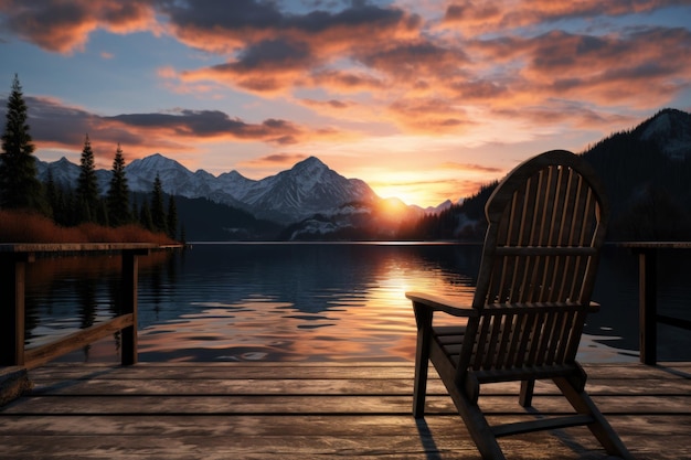 A chair on a dock overlooking a calm lake with the sun setting behind mountains