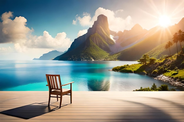 Photo a chair on a dock with mountains in the background