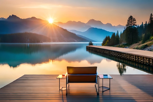 A chair on a dock with a view of the mountains in the background