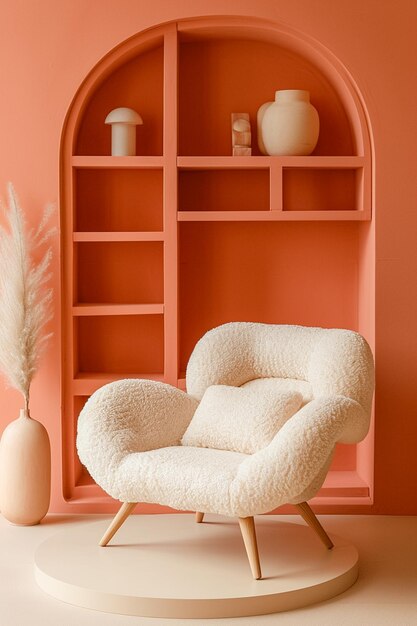 chair next to an elegant shelving unit both bathed in a peach light orange color