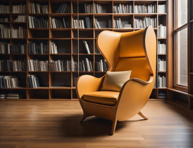 A chair in front of a bookshelf with a bookcase in the background.