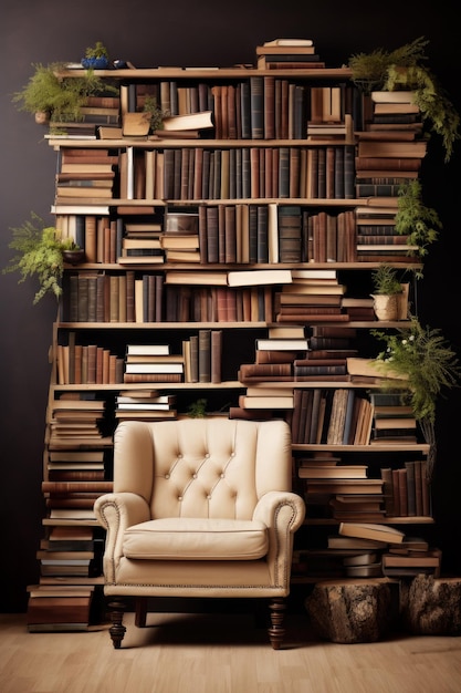 A chair in front of a bookshelf with books on it ai