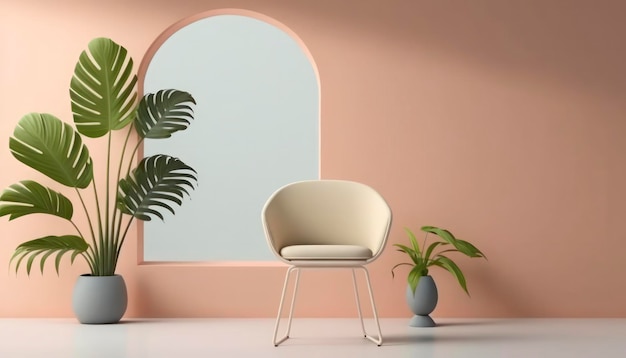 A chair in front of a pink wall with a plant in the corner