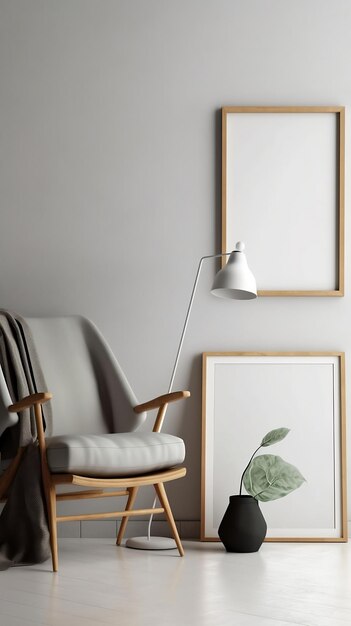 A chair in front of a wall with a picture of a leaf.