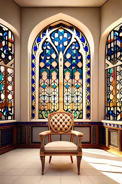 A chair in front of a window with stained glass windows.