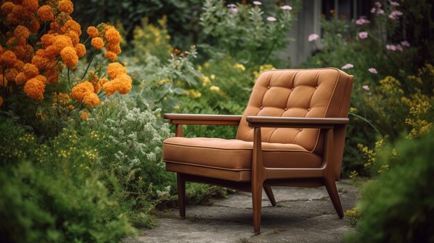 Photo a chair in a garden with orange flowers