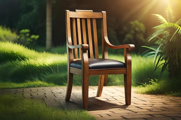 A chair in the garden with the sun behind it