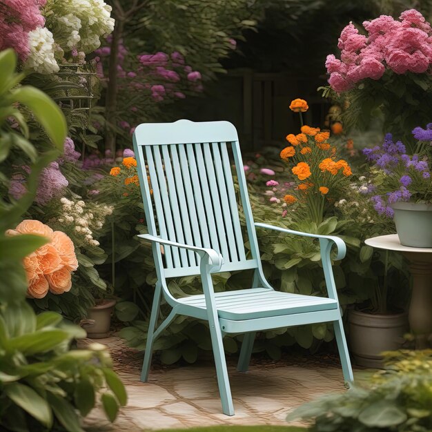 은 날 정원에서 꽃과 함께 정원 벤치에 의자
