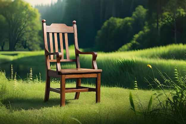 A chair in the grass with trees in the background