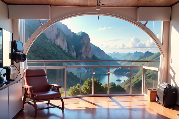 A chair is in front of a balcony overlooking a mountain range.