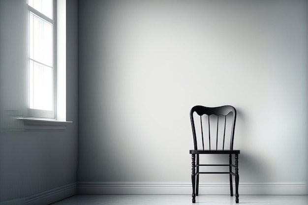 A chair is in the room with a blank white wall background