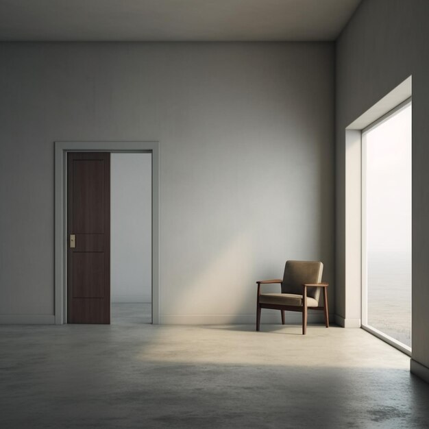 a chair is in a room with a door that says " exit ".