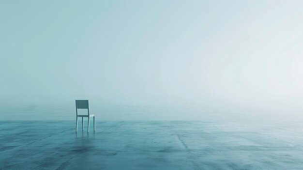 a chair is in the water and the fog is in the background