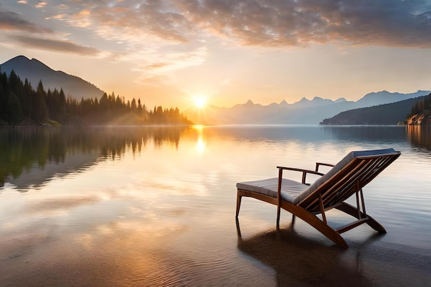 A chair on a lake with mountains in the background